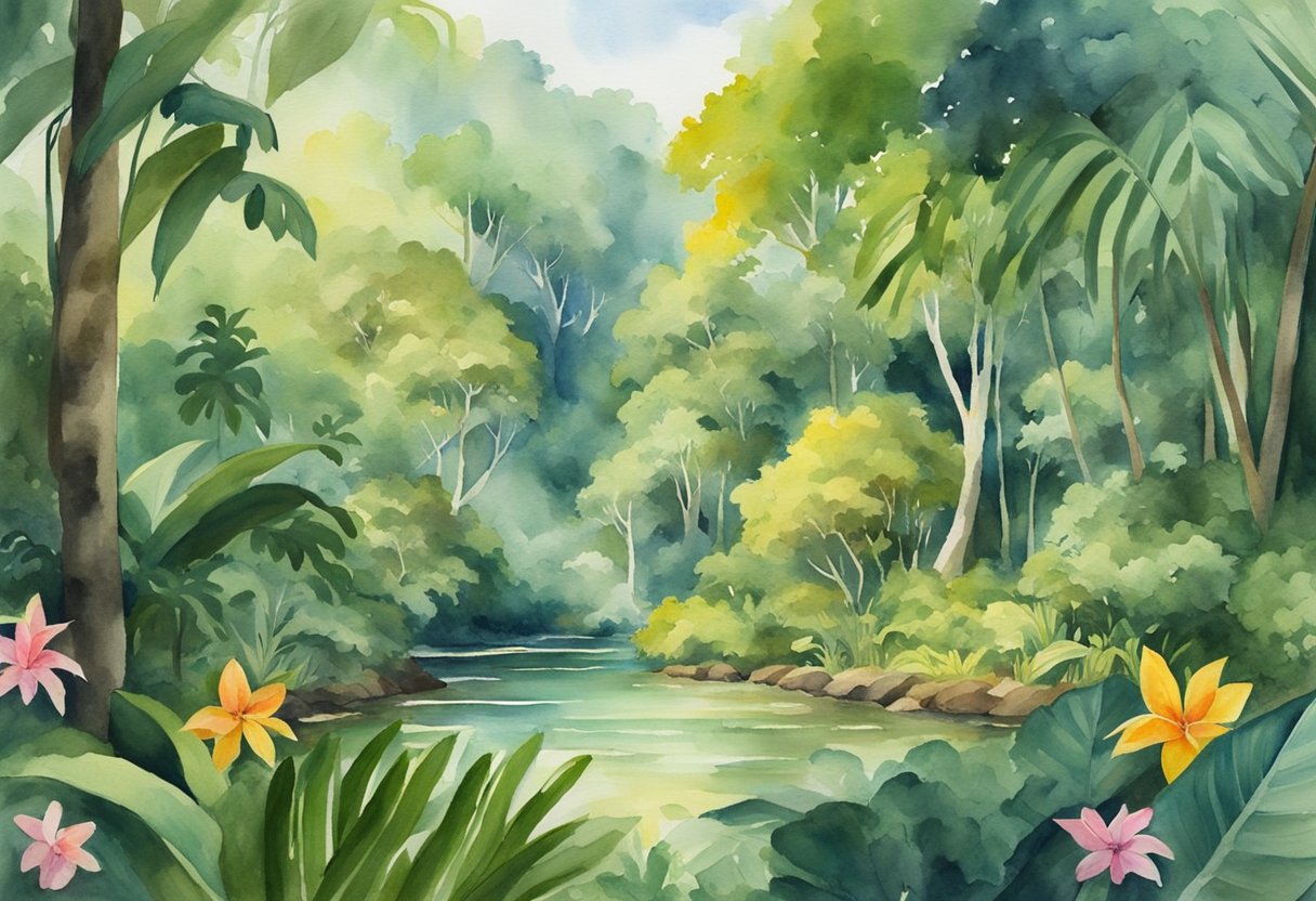 A lush Brazilian rainforest with vibrant flora and fauna, winding rivers, and ancient ruins nestled among the trees. The scene is alive with the sounds of wildlife and the scent of exotic flowers