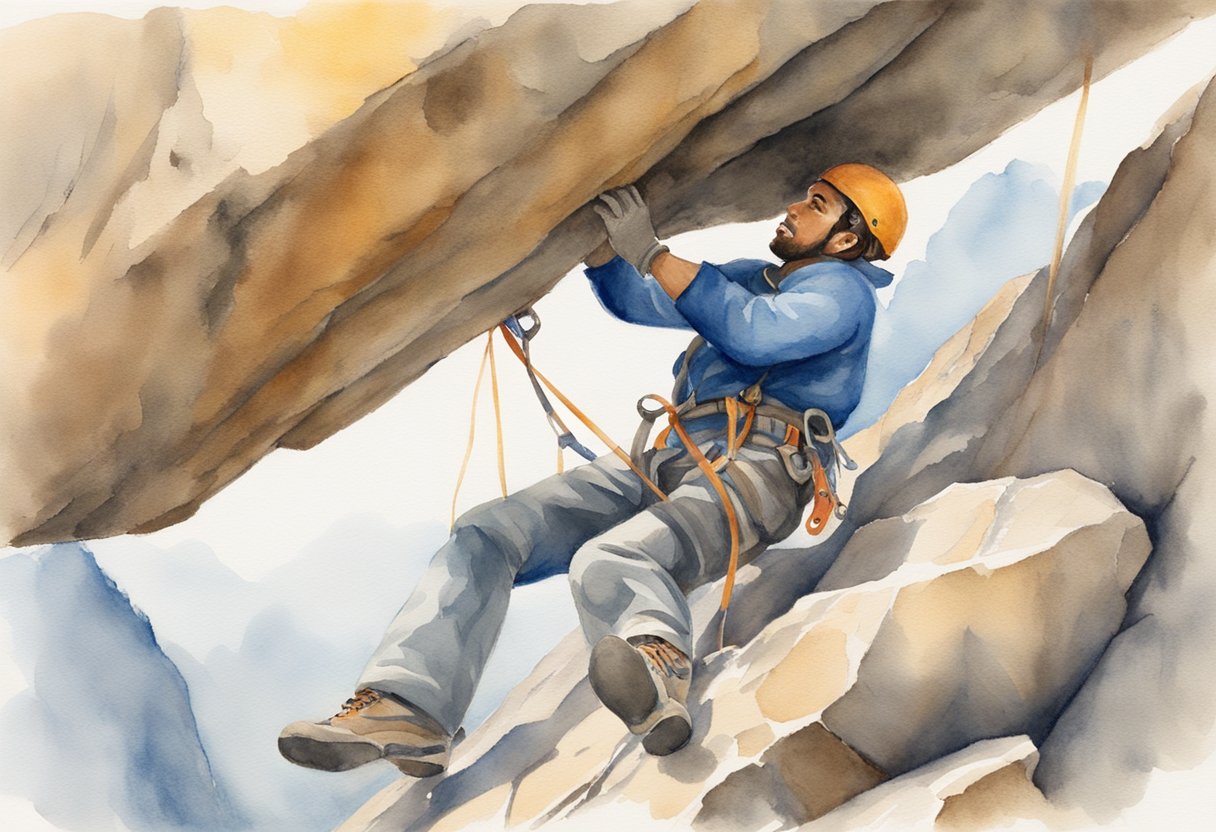 A climber grips a rock, using heel hooks and toe holds to ascend. Chalk dust fills the air as they maneuver through challenging routes