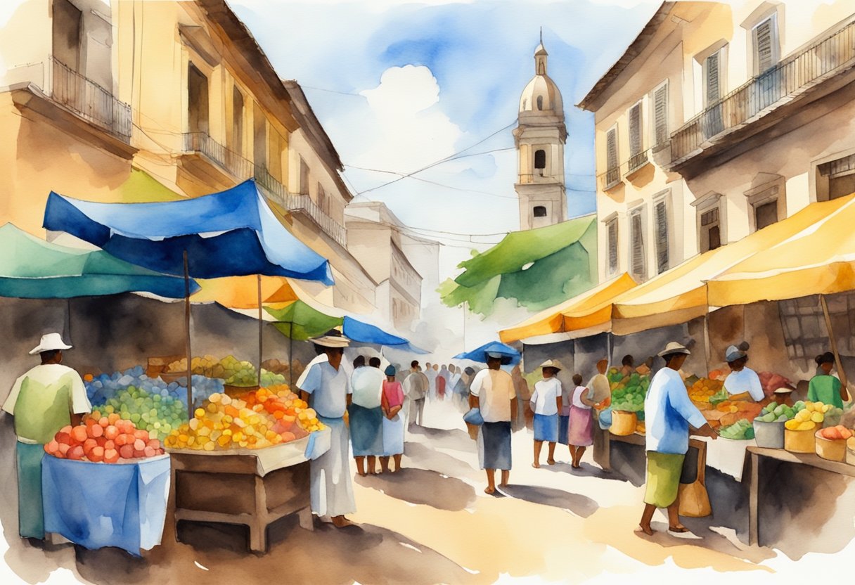 A bustling Brazilian street market with colorful crafts, traditional music, and historical landmarks in the background