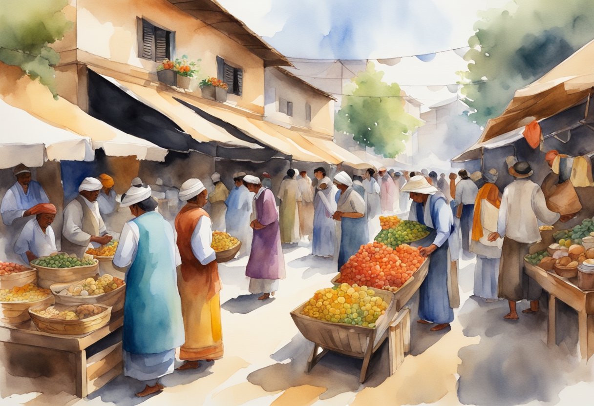 A vibrant market scene with diverse crafts, traditional clothing, and historical artifacts. People engage in cultural activities like dance and music