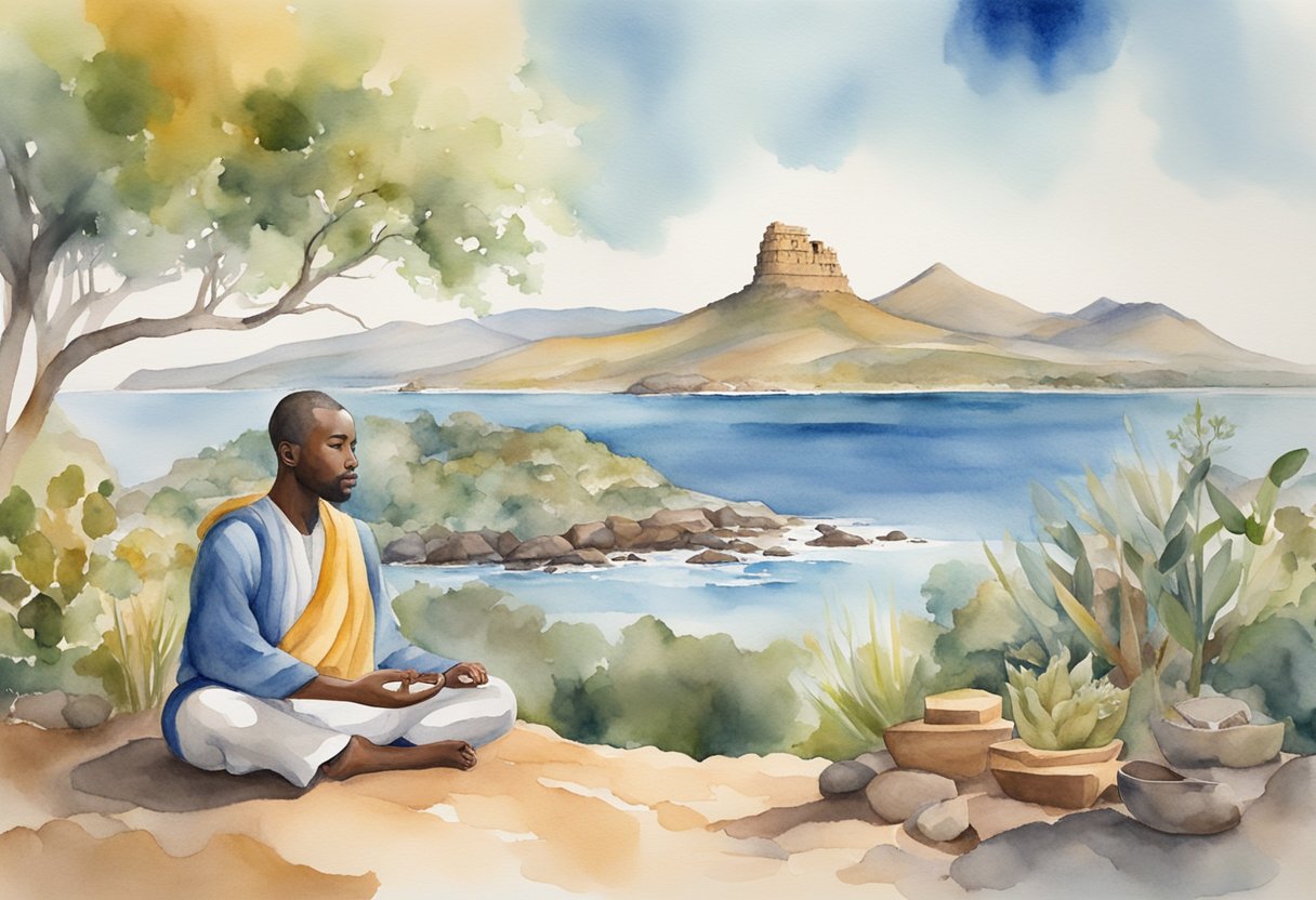 A person meditating in a serene natural setting, surrounded by cultural artifacts and historical landmarks, symbolizing personal growth and exploration in South Africa