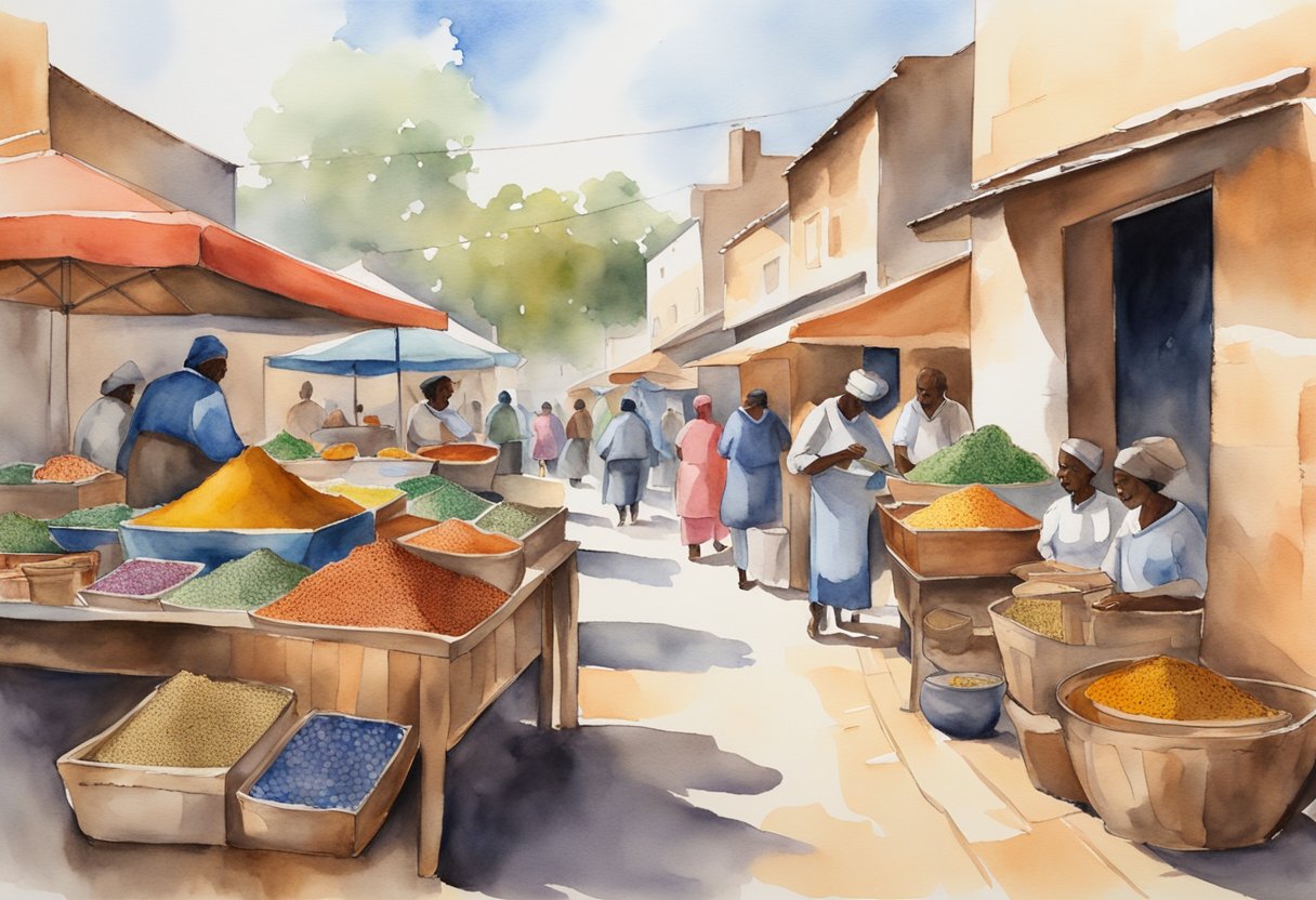 A vibrant market scene with colorful spices, traditional South African dishes, and diverse culinary tools. A map and historical artifacts add depth to the cultural exploration