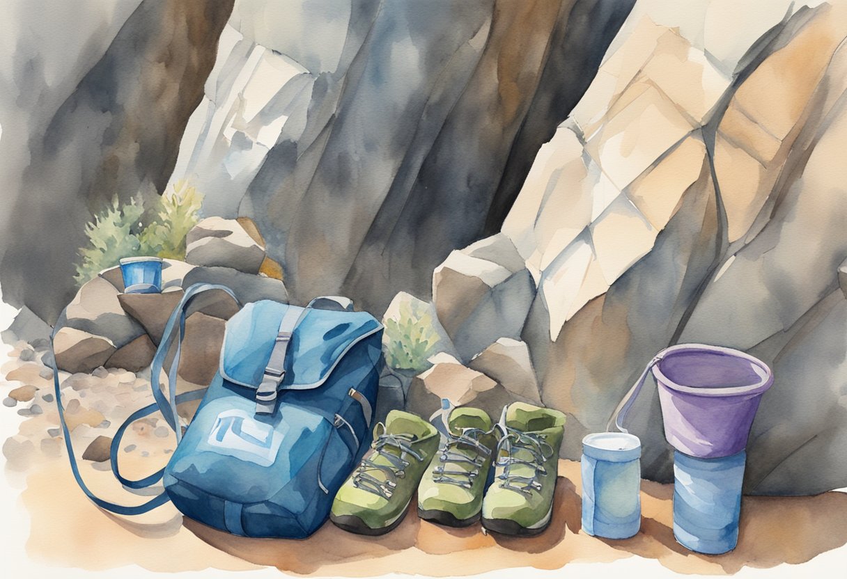A chalk bag hangs from a climber's waist, while crash pads lay scattered below a towering boulder. Climbing shoes and a chalk bucket sit nearby