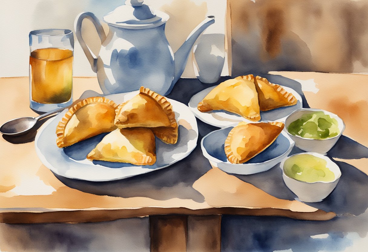 A table set with empanadas, asado, and mate. A tango dancer's silhouette in the background. A gaucho hat and a soccer ball on the side