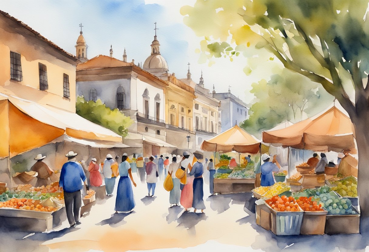 A colorful street market with traditional music, dance, and food vendors. Historical landmarks and museums dot the landscape, showcasing Argentina's rich culture