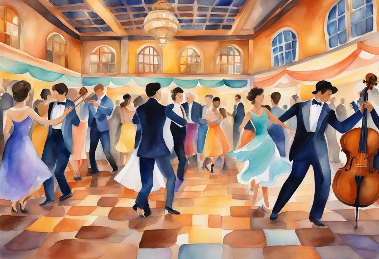 A vibrant tango dance floor, with musicians playing traditional Argentine music, surrounded by colorful cultural symbols and historical artifacts