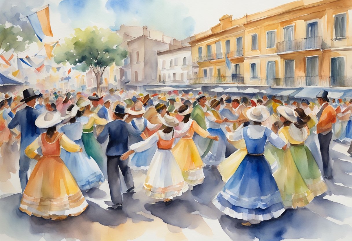 A lively Argentine festival with traditional dancers, vibrant costumes, and music. Surrounding the festivities are historical landmarks and cultural artifacts