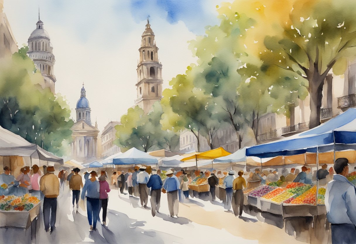 A bustling street market in Buenos Aires, filled with colorful crafts, tango music, and historical landmarks in the background