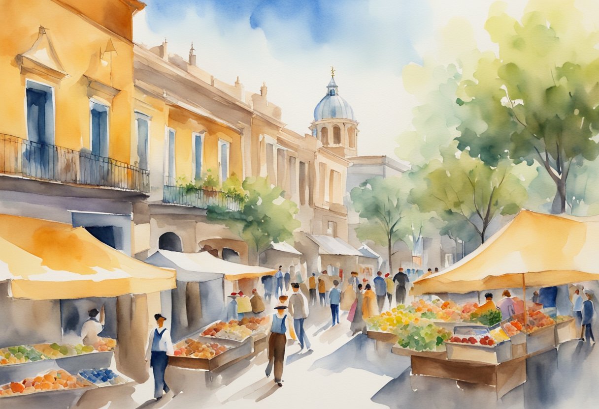 The scene depicts a vibrant market with traditional crafts, tango dancers, and historical landmarks. A map of Argentina and a guidebook on popular hobbies are also featured