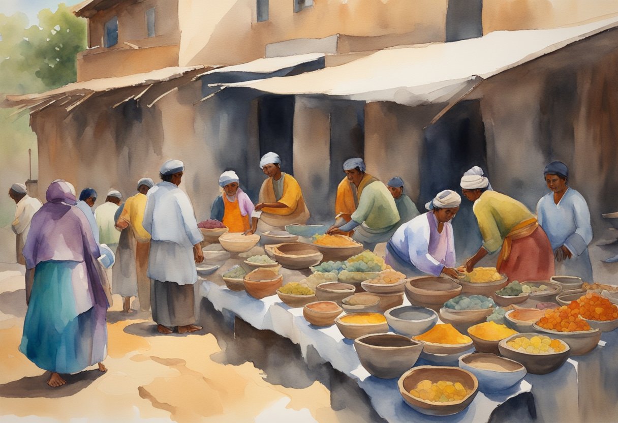 A bustling marketplace with vibrant textiles and intricate pottery. A group of artisans demonstrating traditional techniques. A display of historical artifacts and colorful paintings