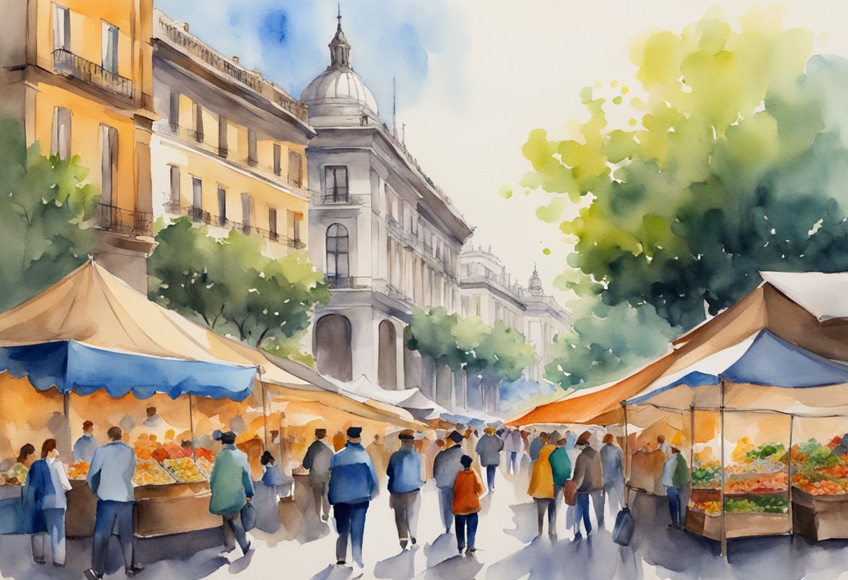 A bustling street market in Buenos Aires, with colorful stalls selling handmade crafts, local artwork, and traditional Argentine souvenirs. The backdrop includes historic buildings and lively tango music filling the air