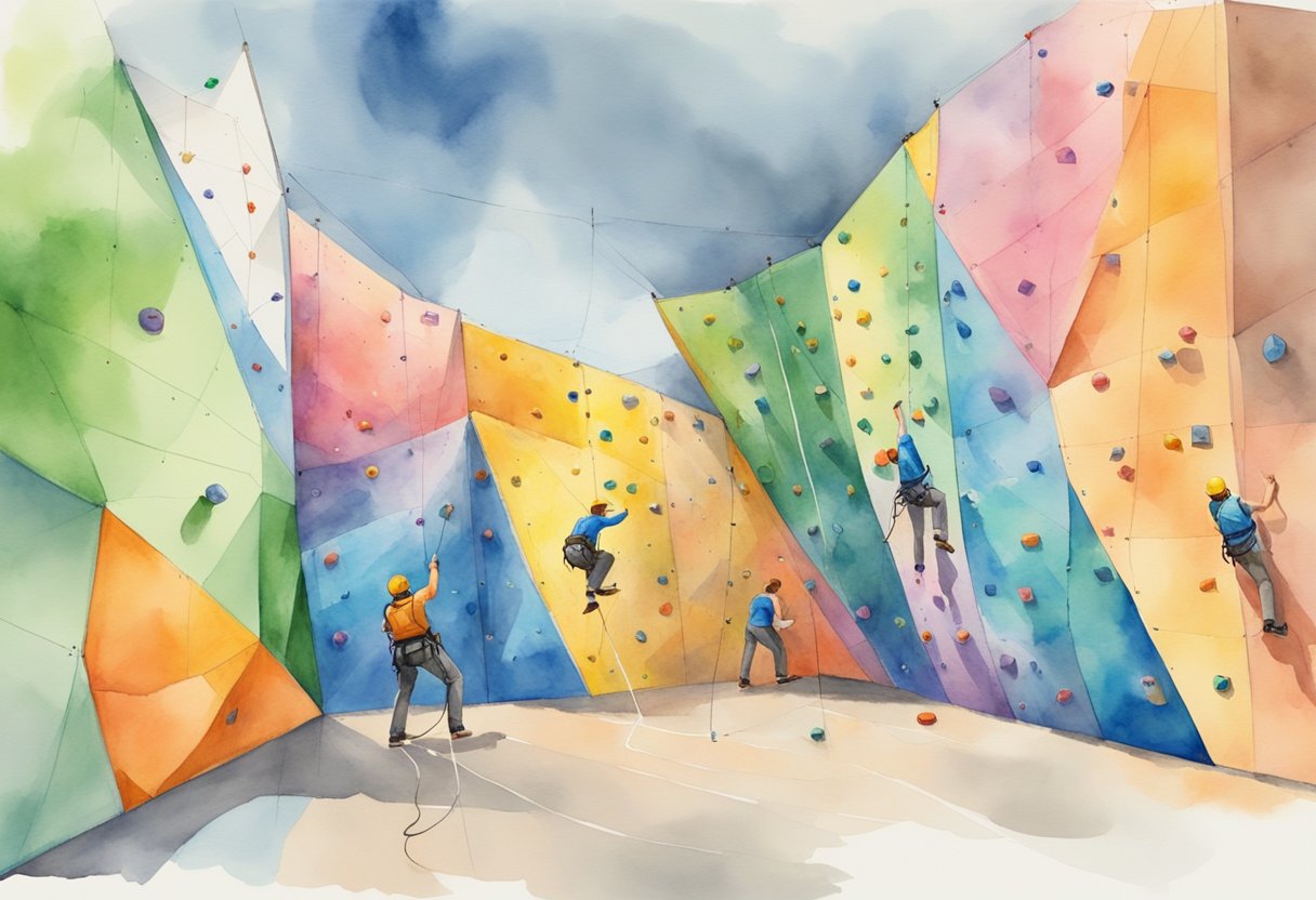 A colorful climbing wall with marked routes, crash pads, and safety equipment scattered around. A beginner climber is practicing proper techniques with a knowledgeable instructor nearby