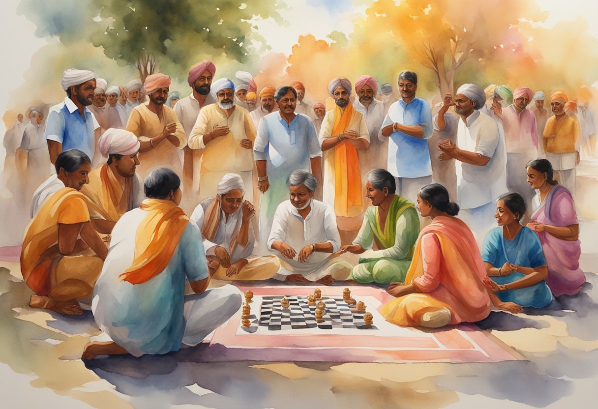 A group of people engage in traditional Indian games and entertainment, surrounded by vibrant colors and cultural symbols. The atmosphere is lively and welcoming, reflecting the rich history and community spirit of India