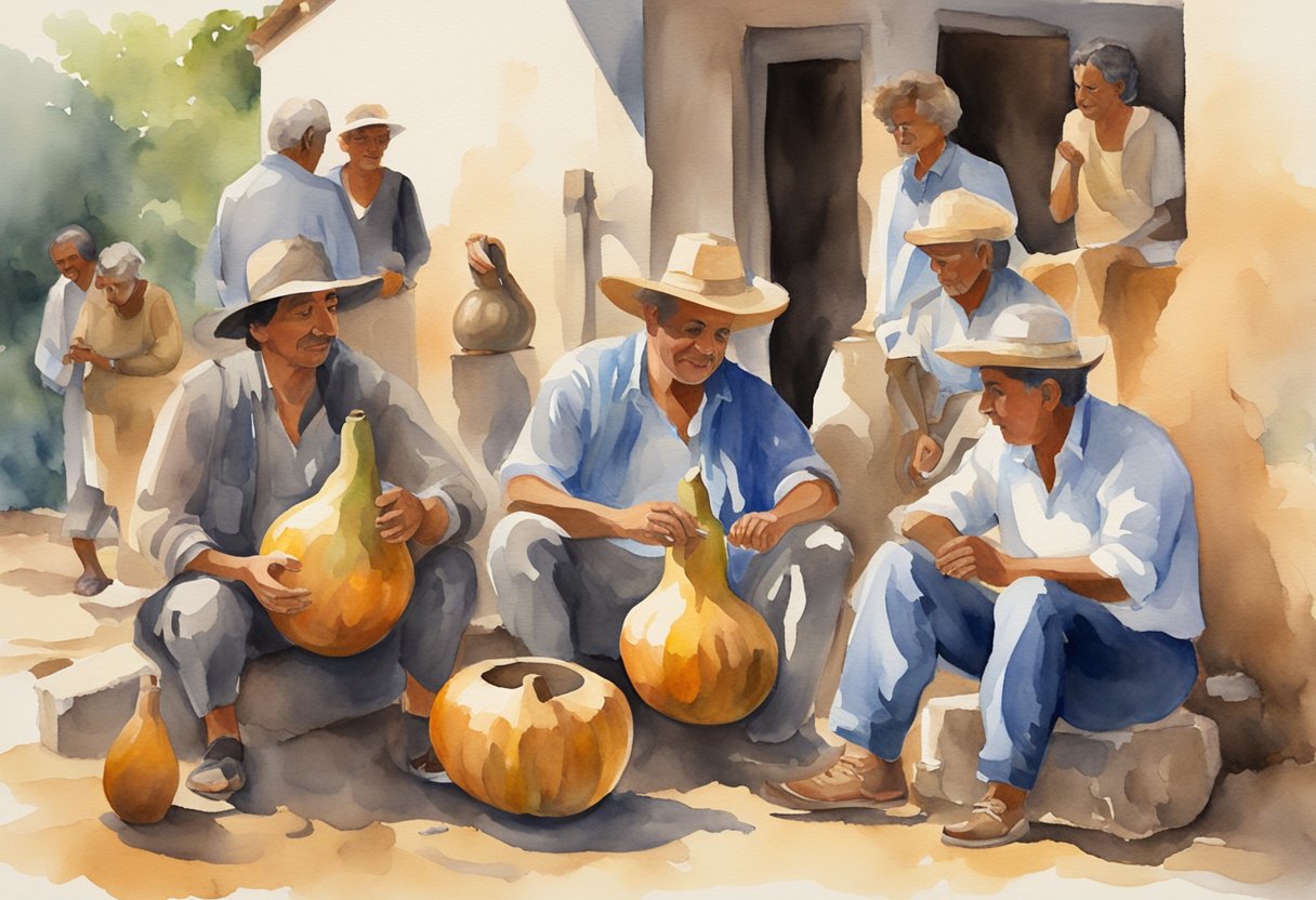 A group of people gather around a traditional mate gourd, as they engage in a lively conversation while surrounded by historical artifacts and cultural symbols of Uruguay