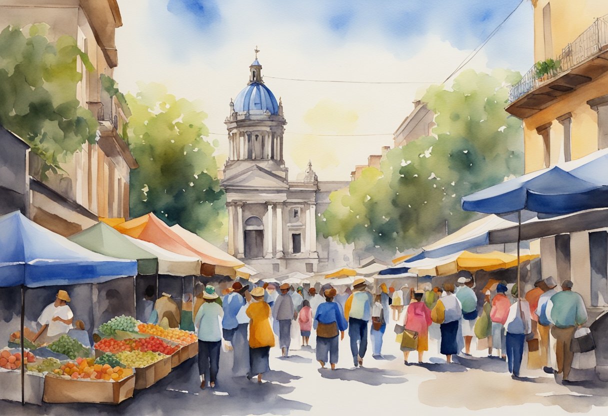 A bustling street market in Uruguay, filled with colorful artisan crafts and traditional music. A historic monument stands tall in the background, while locals gather to celebrate their rich culture and history