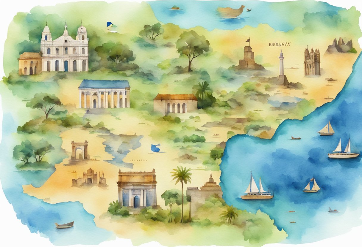 A map of Uruguay with cultural landmarks, historical sites, and hobby-related symbols