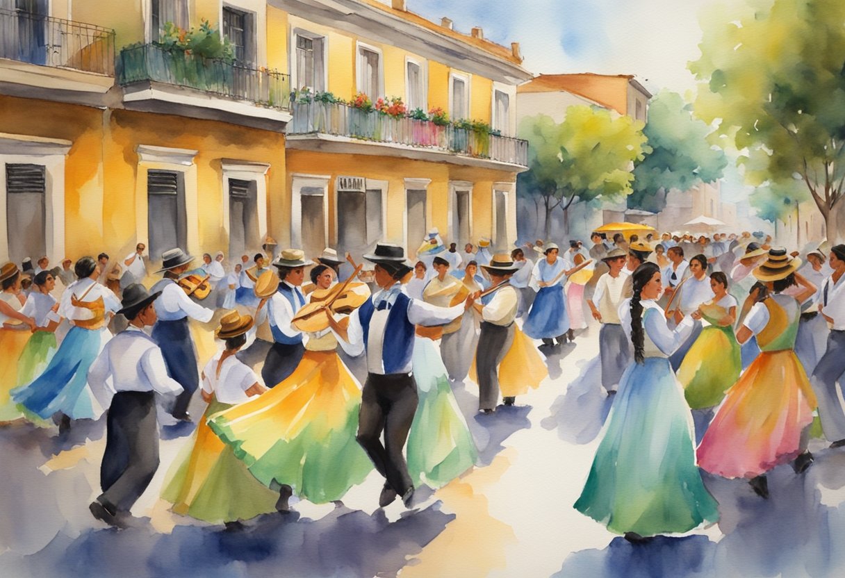 Colorful traditional dances, live music, and historical artifacts fill the bustling streets of Uruguay's cultural festivities. A vibrant atmosphere of celebration and exploration awaits