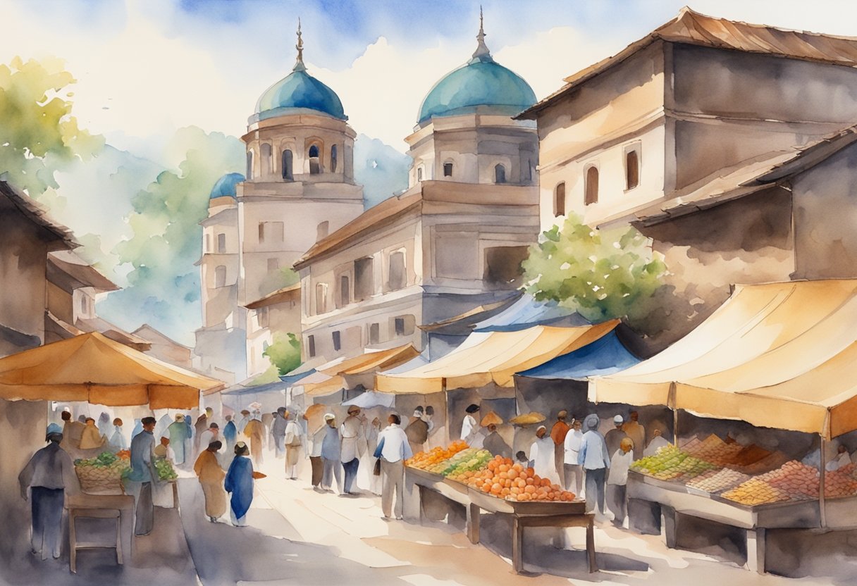 A vibrant street market with traditional crafts, music, and dance. A historic monument stands in the background, surrounded by people enjoying local cuisine