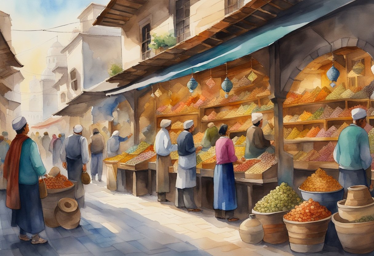 A bustling Turkish bazaar filled with colorful items representing traditional hobbies like calligraphy, carpet weaving, and pottery. The backdrop showcases famous historical landmarks and cultural symbols