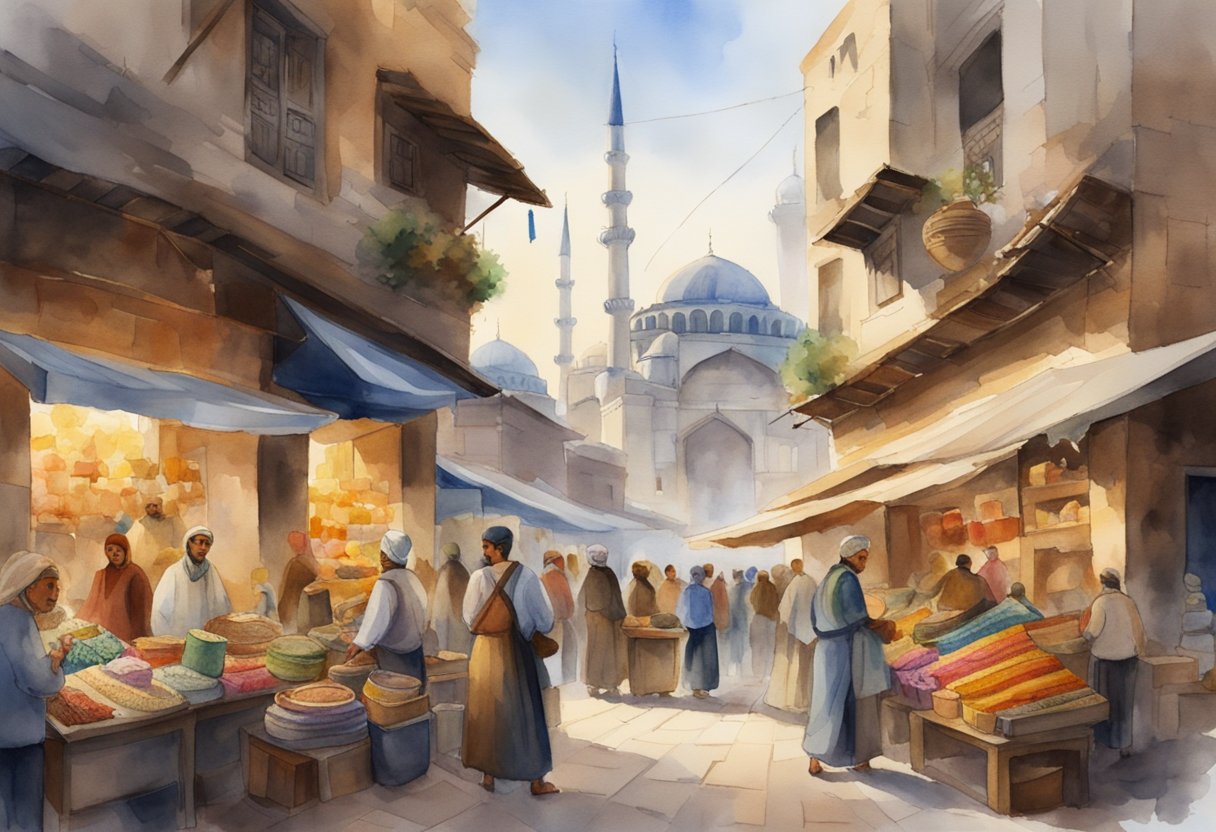 A bustling Turkish bazaar with colorful textiles, pottery, and traditional instruments. In the background, ancient ruins and a modern city skyline