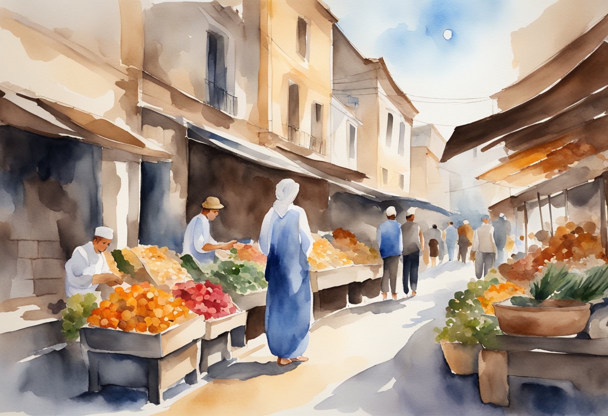 A serene scene of a person exploring a Turkish market, surrounded by historical buildings and cultural landmarks. They are engaged in activities like yoga, meditation, and traditional Turkish bath rituals, symbolizing the popularity of relaxation and wellness hobbies in Türkiye