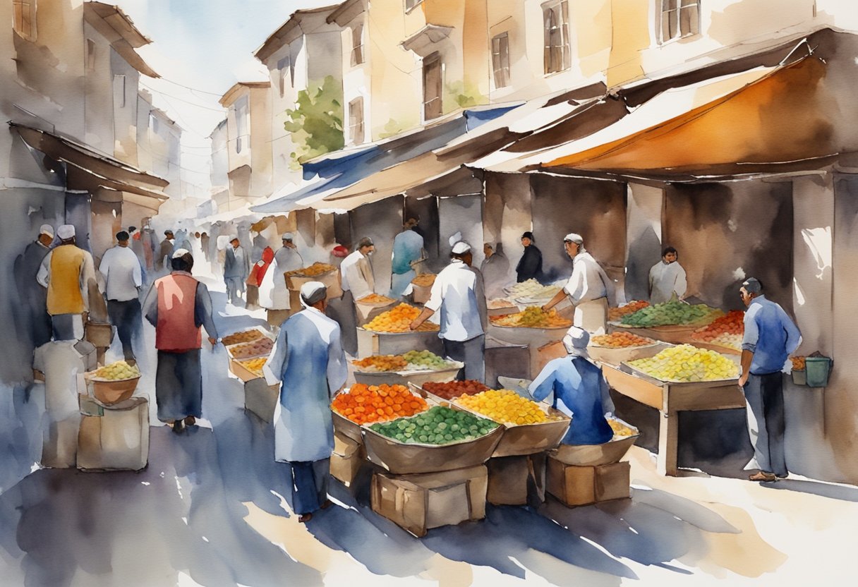 A bustling street market in Türkiye, with colorful stalls selling traditional crafts, musical instruments, and local artwork. Crowds of people gather to watch live performances and explore the rich cultural heritage of the region