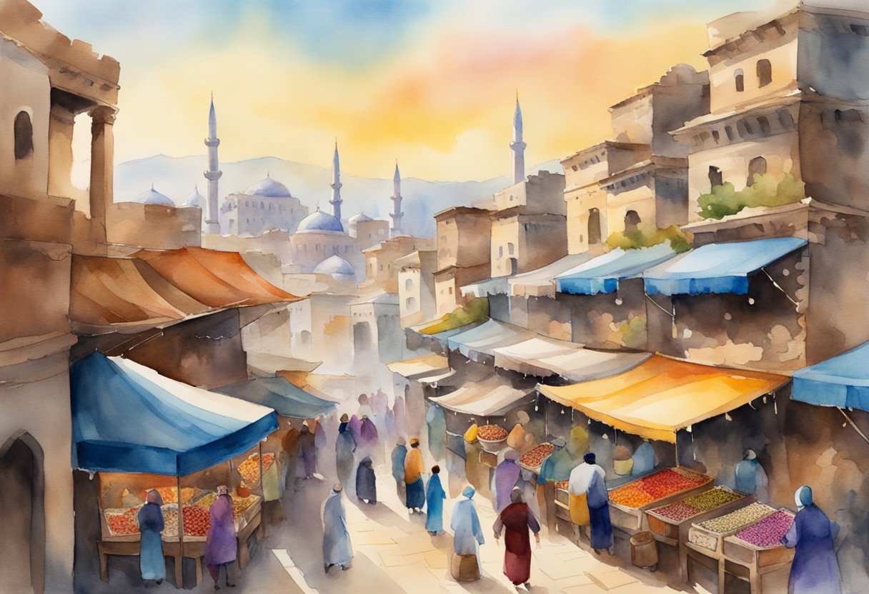 A bustling Turkish bazaar with colorful textiles, ornate pottery, and aromatic spices. A backdrop of ancient ruins and mosques adds to the rich cultural exploration