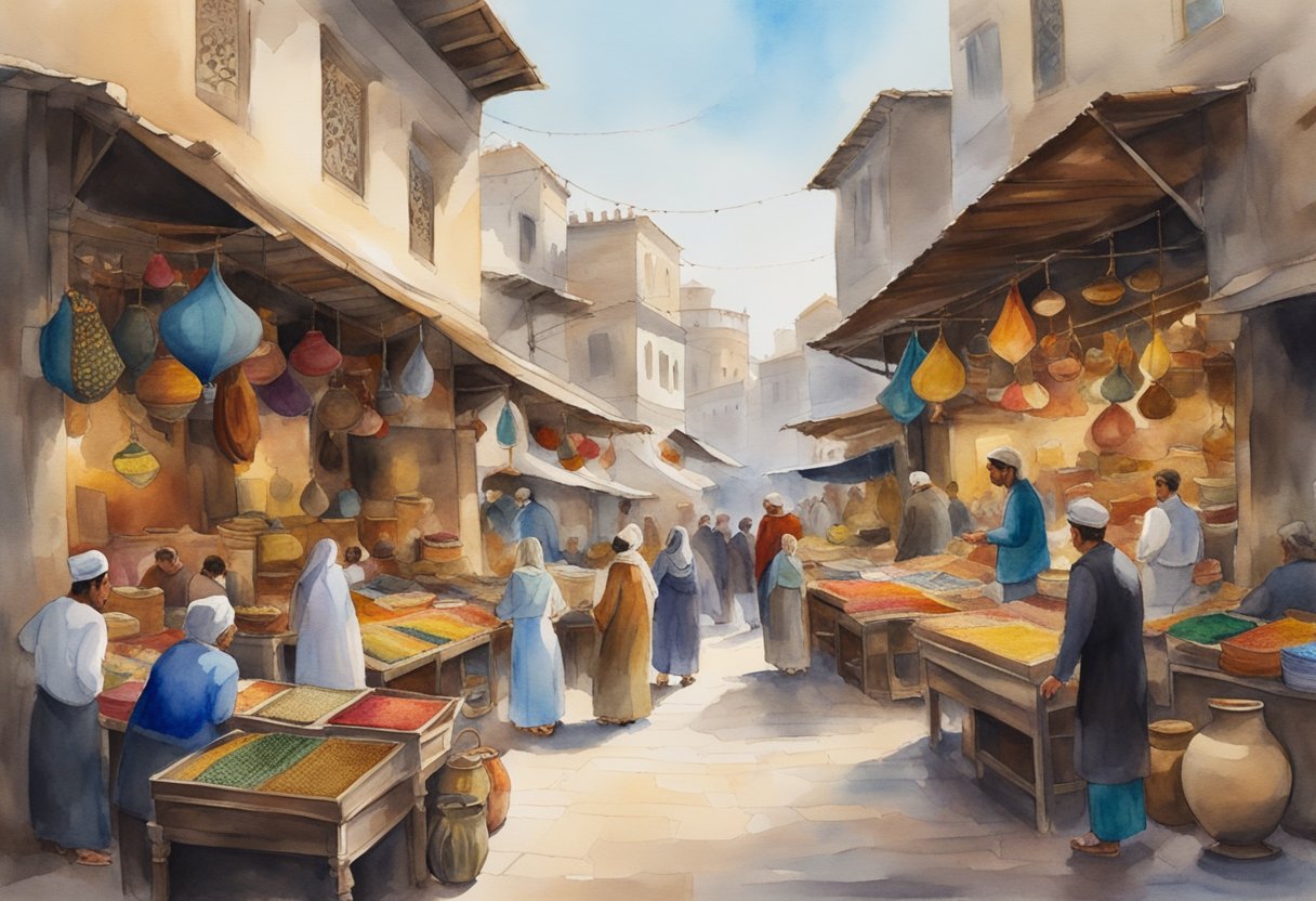 A bustling Turkish bazaar, filled with colorful rugs, intricate ceramics, and traditional musical instruments. A historical site looms in the background, as people gather to learn about their rich culture and history