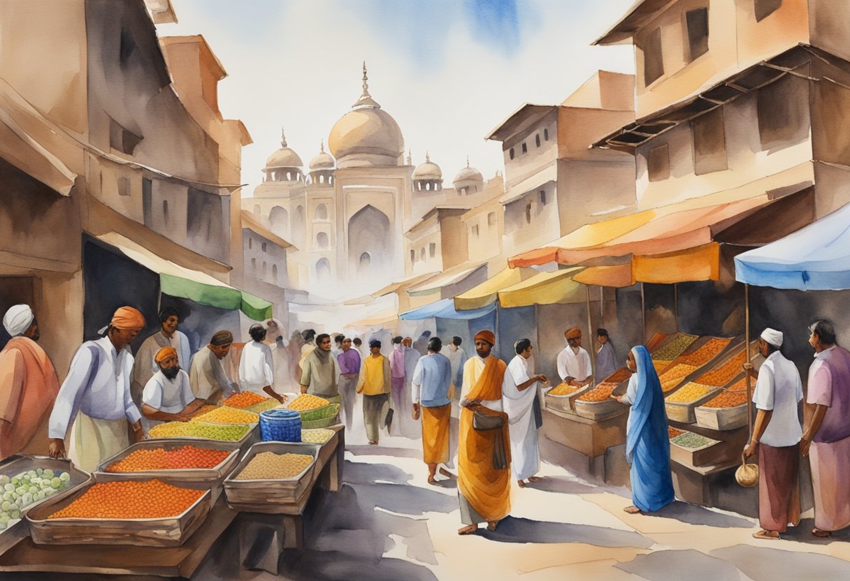 A bustling Indian marketplace with colorful textiles, intricate artwork, and traditional musical instruments on display. The scent of spicy street food fills the air as people explore their rich cultural heritage