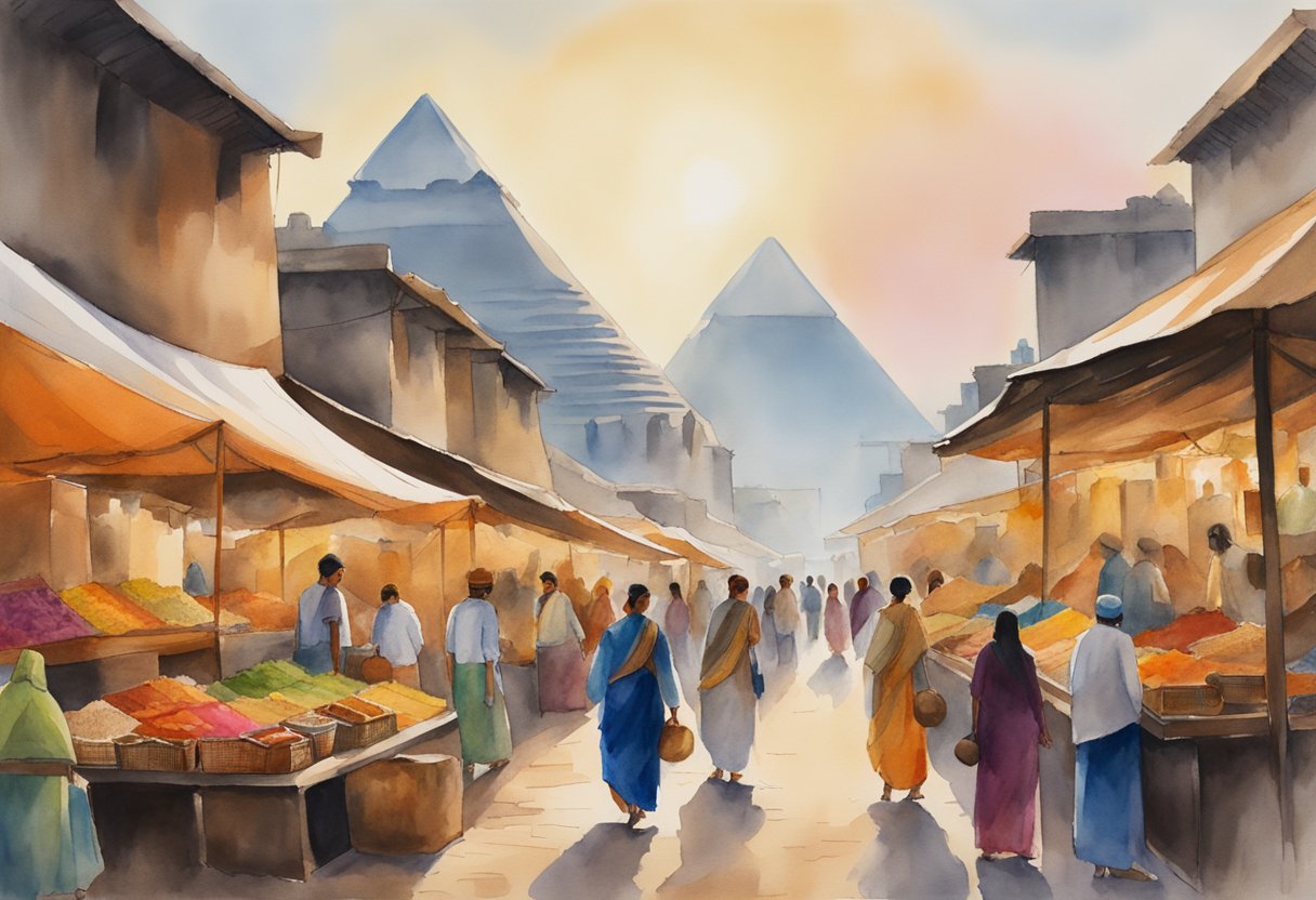 Vibrant market stalls display ancient artifacts, colorful textiles, and traditional instruments. A backdrop of iconic pyramids and temples sets the scene for cultural exploration