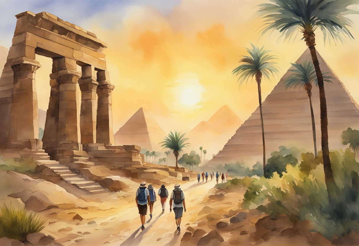 A group of hikers trek through the ancient ruins of Egypt, surrounded by towering pyramids and lush landscapes. The sun sets behind the horizon, casting a warm glow over the historical wonders