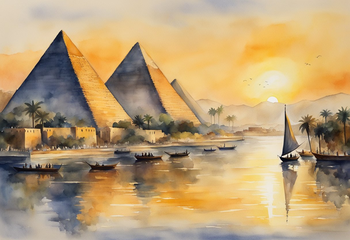 The Great Pyramids rise majestically against a golden sunset. A felucca sails gracefully along the Nile, passing ancient temples and bustling bazaars