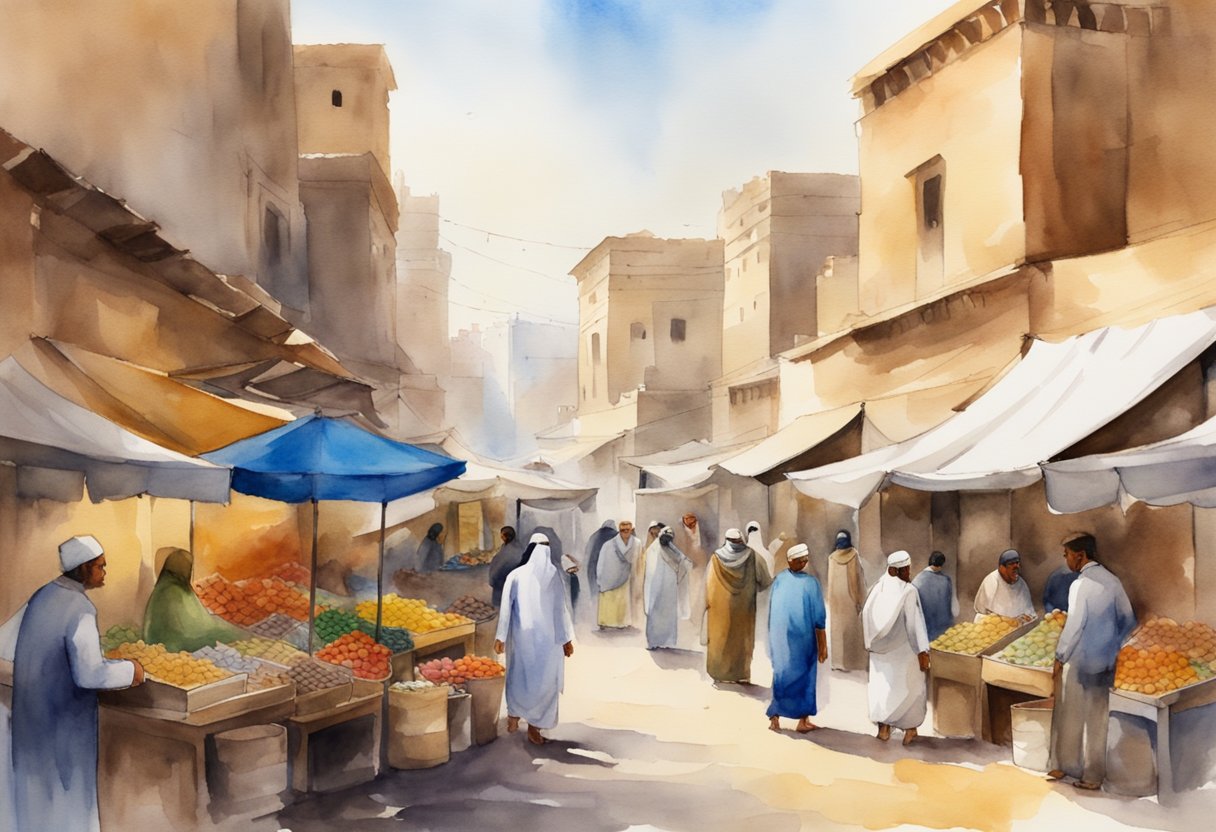 A bustling Egyptian market with colorful stalls selling souvenirs and local crafts. People browse and chat, surrounded by ancient buildings and historical landmarks