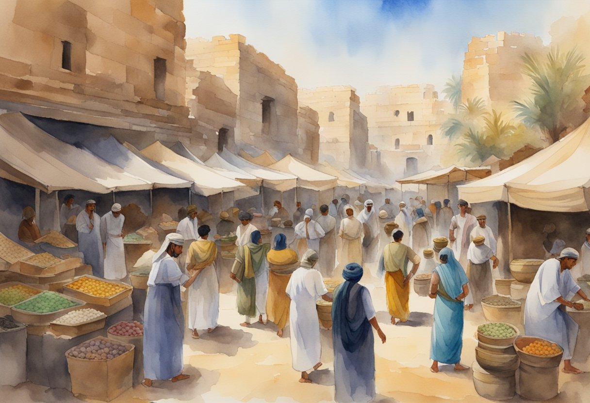 A bustling Egyptian marketplace with ancient ruins in the background, people engaging in cultural activities like music, dance, and traditional crafts