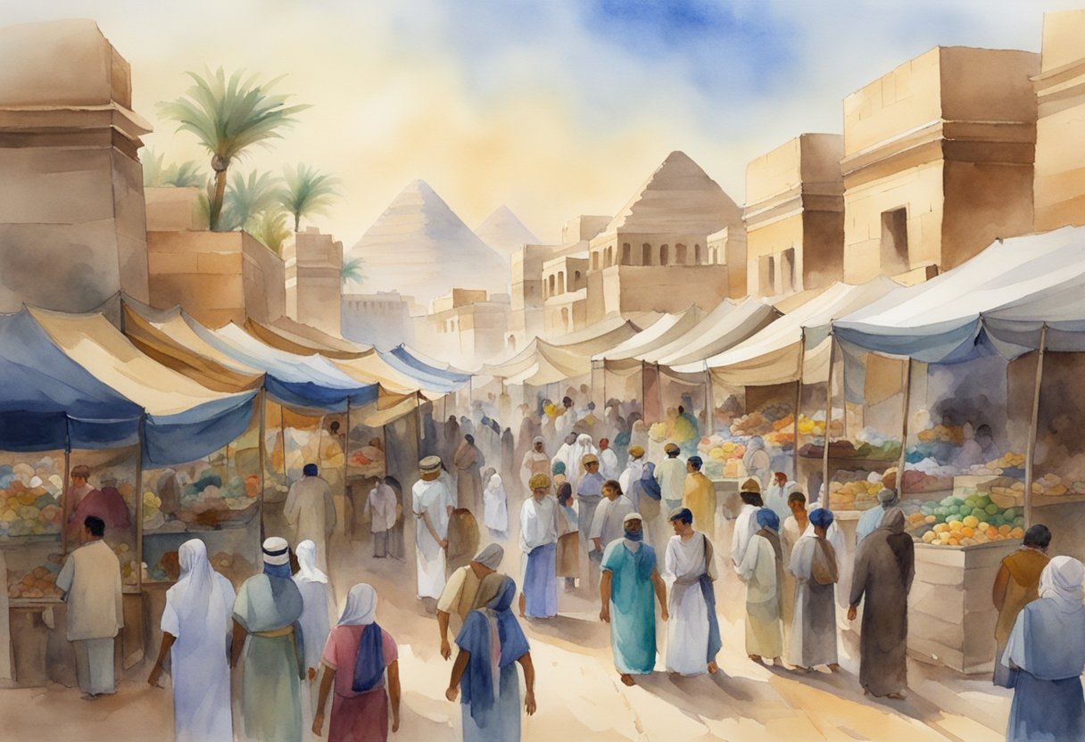 A bustling Egyptian market with colorful displays of religious artifacts, ancient temples in the background, and people engaging in cultural activities