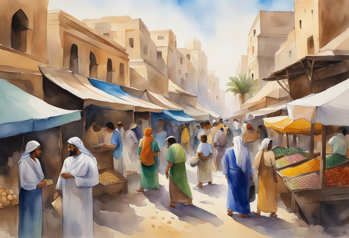 A bustling Egyptian market, filled with vibrant colors and traditional crafts. A pyramid looms in the background, hinting at the rich history and culture waiting to be explored