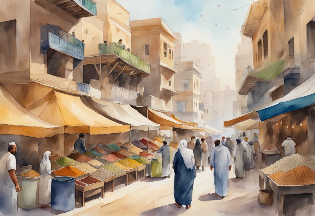 A bustling Egyptian marketplace with colorful spices, aromatic street food, and locals engaging in cultural activities