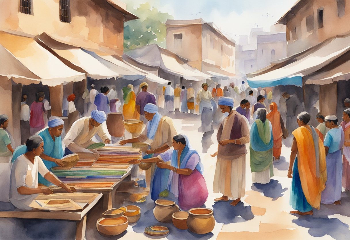 Vibrant Indian textiles, ancient artifacts, and traditional instruments fill a bustling market square. A group of people engage in cultural activities, while others browse historical books and art supplies