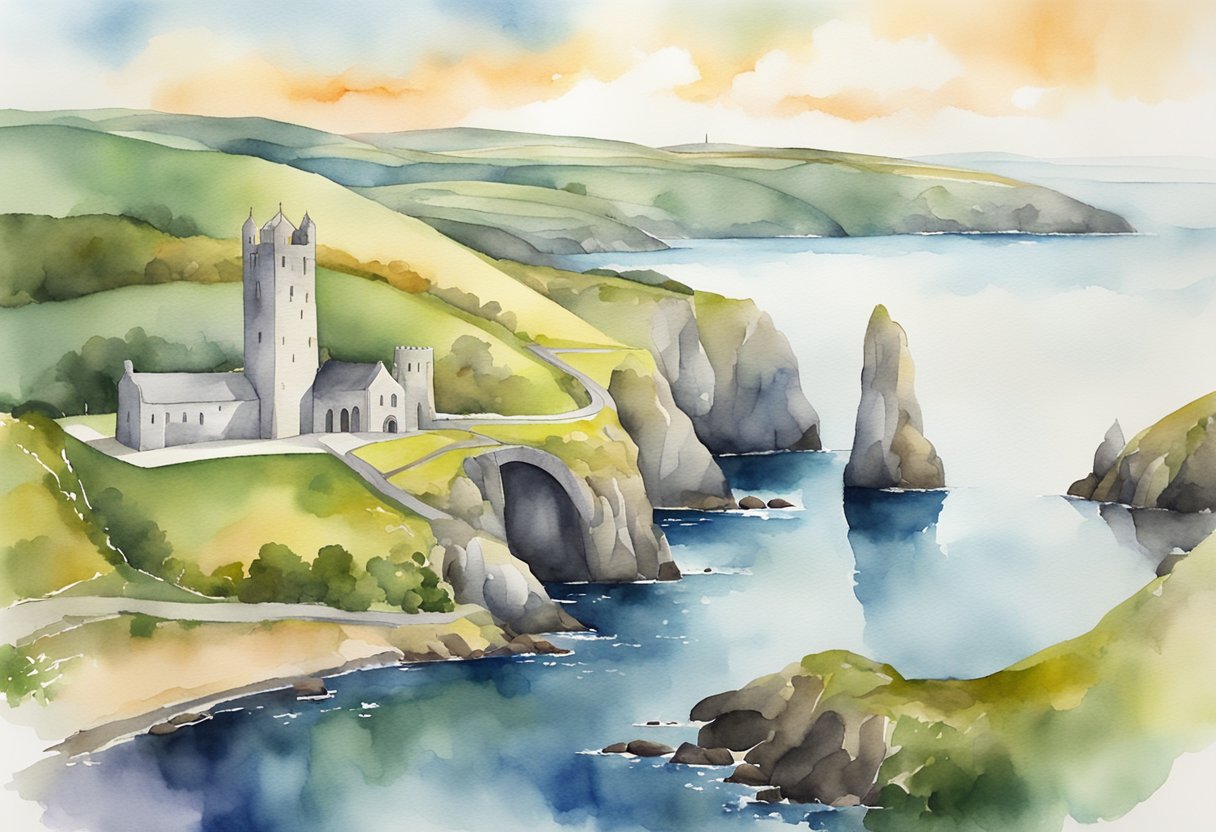 A landscape with iconic Irish landmarks, traditional music, and historical sites. A map or guidebook could be included to symbolize exploration