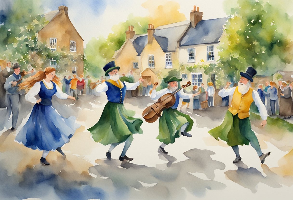 A colorful scene of traditional Irish hobbies: dancing, music, storytelling, and sports. Rich history and culture are woven into every activity