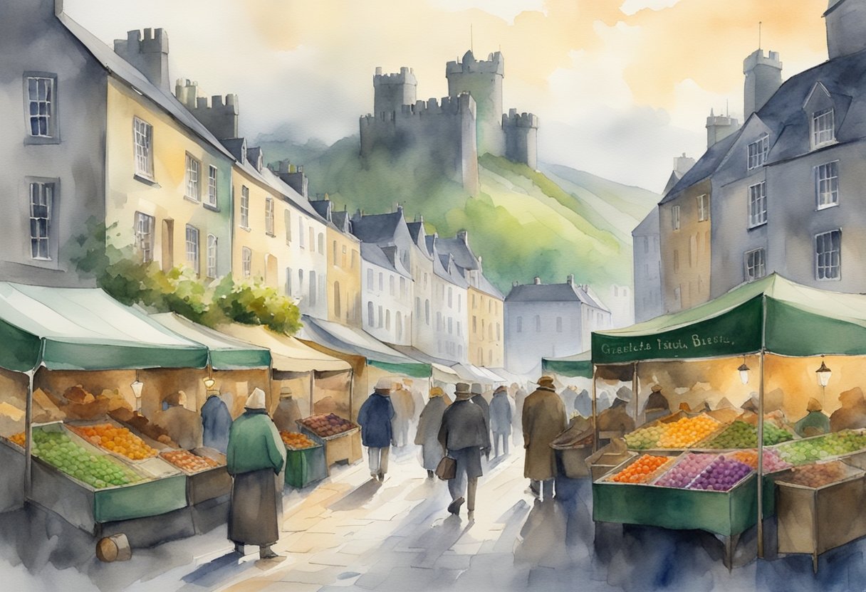 A bustling Irish street market, with colorful stalls selling traditional crafts and historical artifacts. A castle looms in the background, surrounded by rolling green hills and a misty, mysterious atmosphere