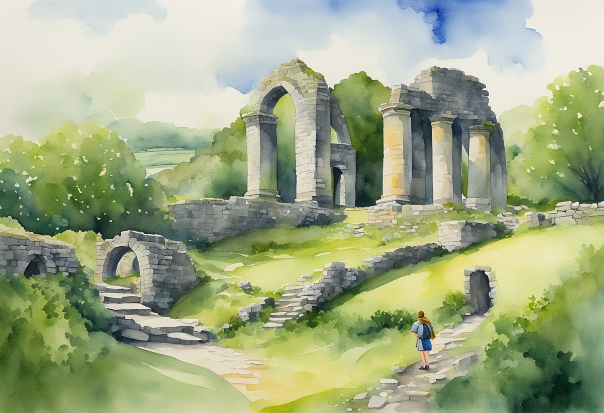 A person exploring historical sites in Ireland, surrounded by ancient ruins and lush green landscapes