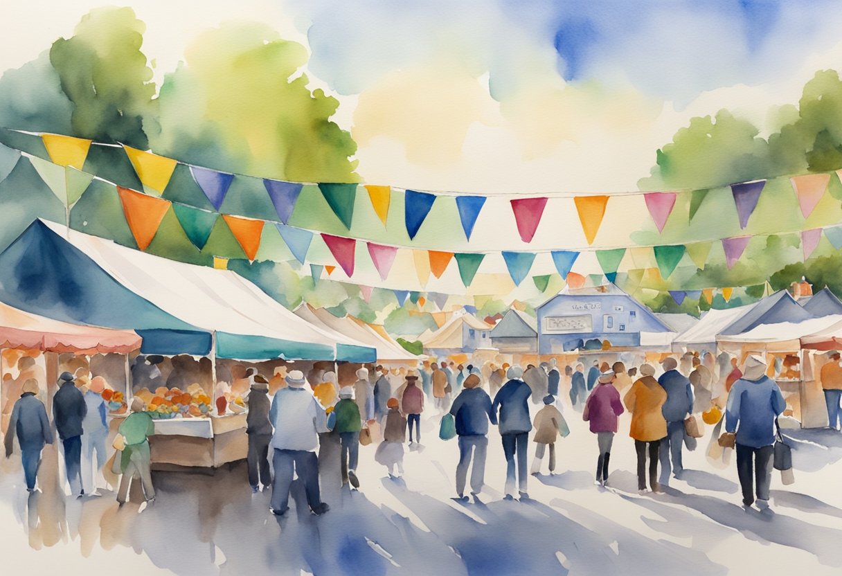 A bustling local fair in Ireland, with colorful stalls and lively music. People explore cultural exhibits and historical displays, immersing themselves in the rich traditions of the country