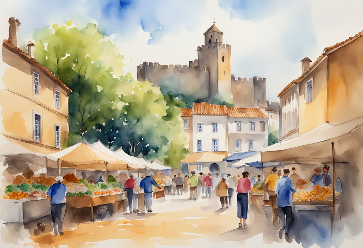 A bustling street market in Portugal, with colorful stalls selling traditional crafts and local delicacies. A historic castle overlooks the scene, surrounded by lush greenery