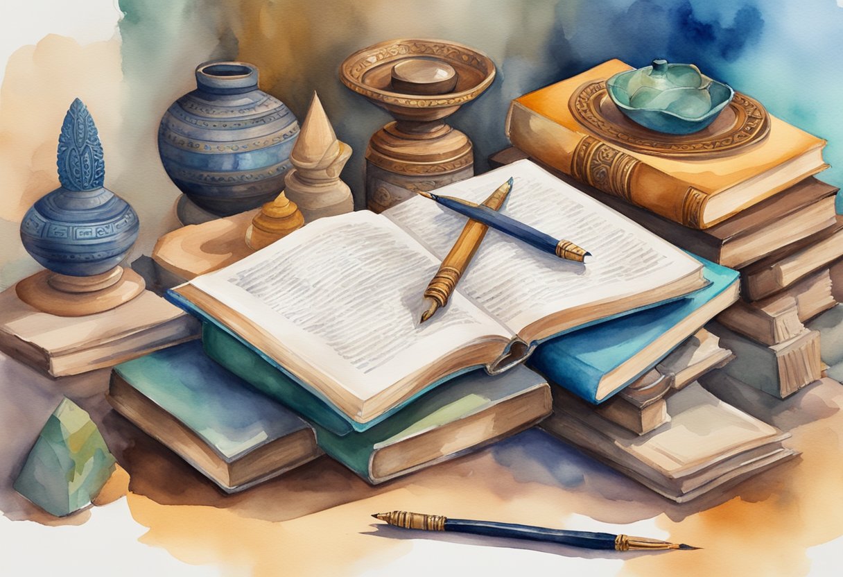 A stack of books and a quill pen on a desk, surrounded by vibrant Indian cultural artifacts and historical symbols