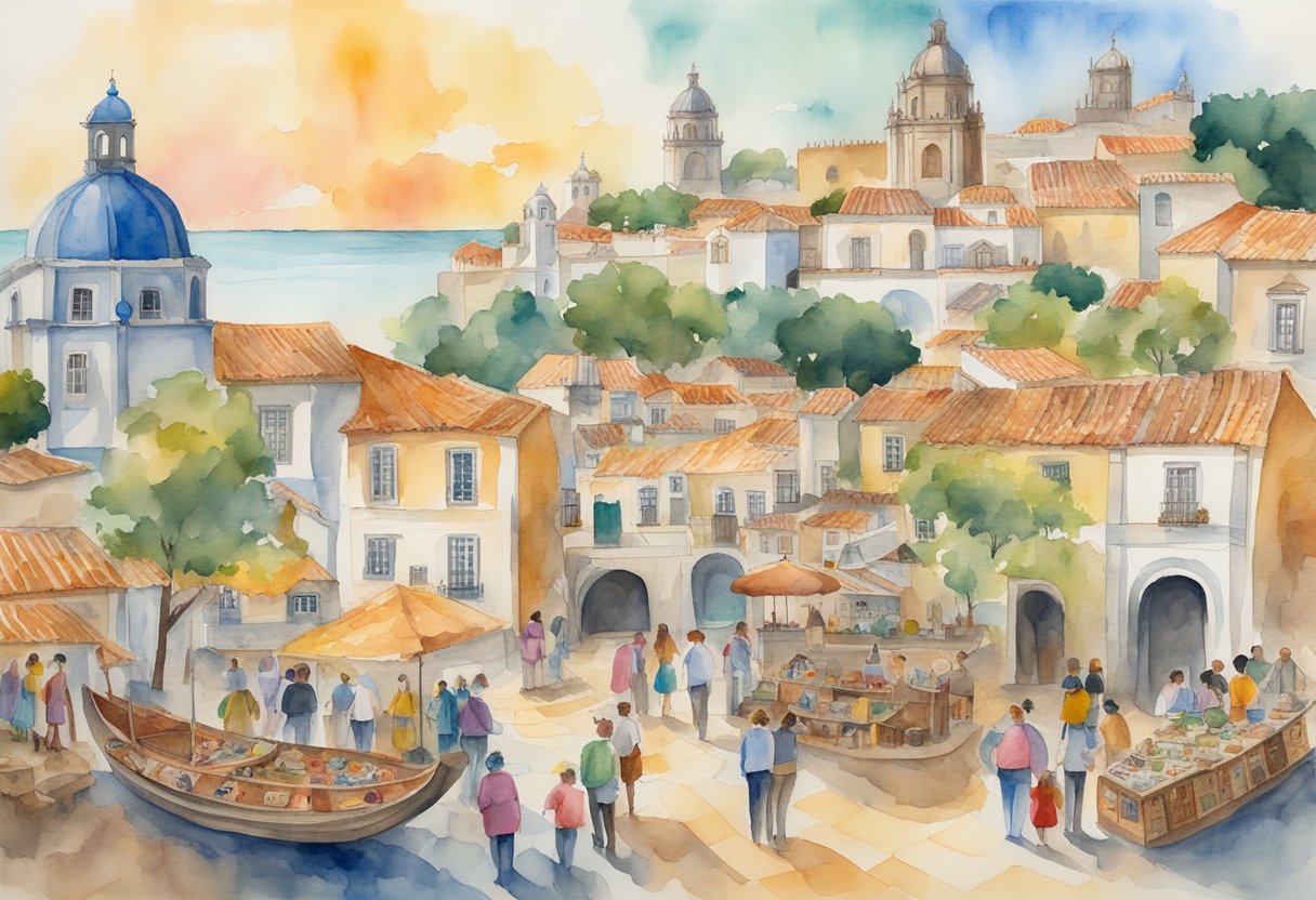 A colorful tapestry of Portuguese landmarks and symbols, surrounded by books, artifacts, and maps. A group of people engaging in cultural activities like traditional dancing and cooking