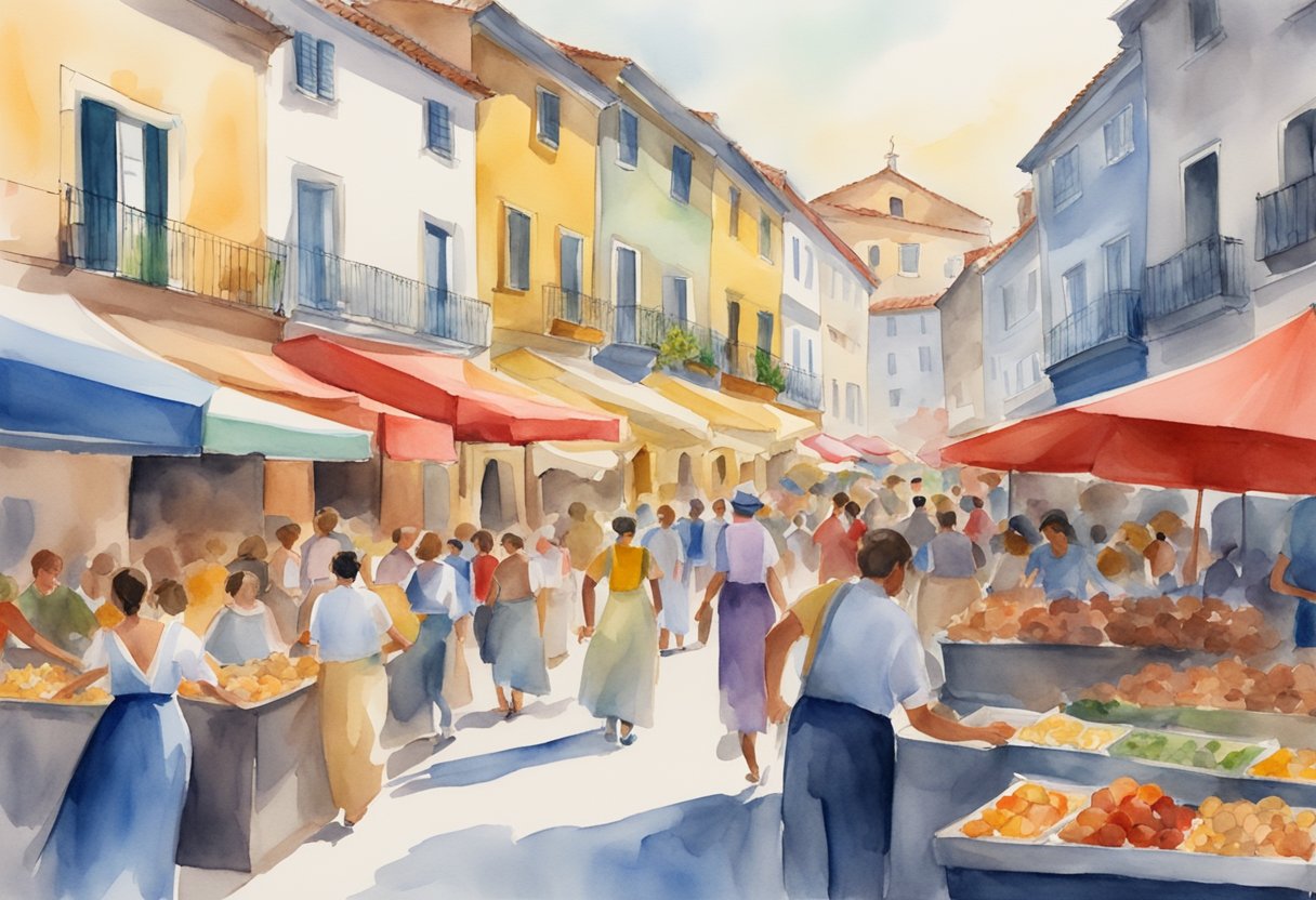 A colorful street festival with traditional Portuguese music, dance, and food stalls surrounded by historic architecture