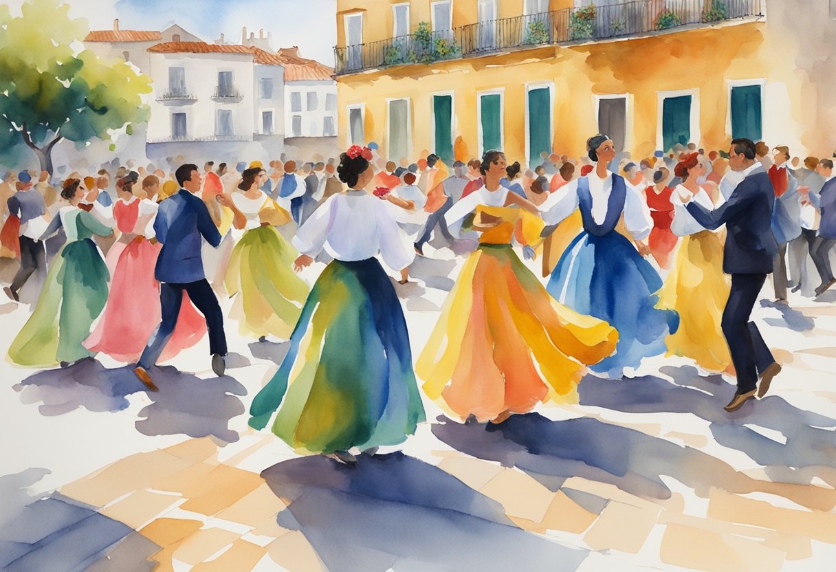 A group of people gather in a lively square, moving to the beat of traditional Portuguese music. The air is filled with the sounds of fado and the vibrant colors of folk dance costumes