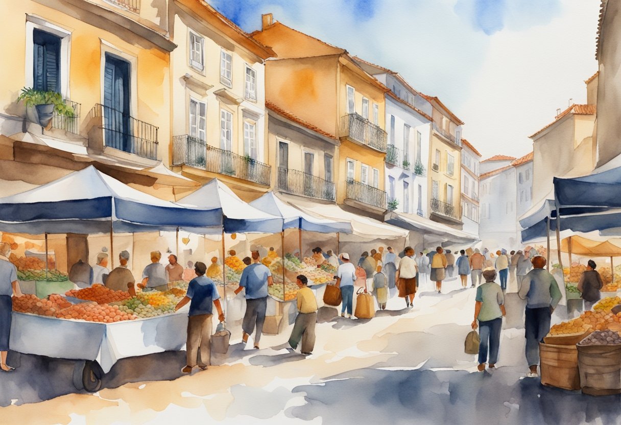 A bustling street market filled with traditional Portuguese crafts, historical landmarks, and locals engaging in cultural activities