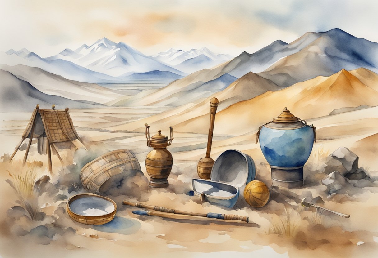 Mongolian landscape with traditional sports equipment, surrounded by historical artifacts and cultural symbols